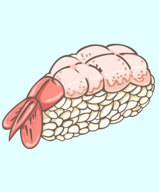 Karides suşisi. Japon usulü deniz ürünleri suşisi. Omakase suşisi ve sashimi restoranı. İzole vektör ve illüstrasyon.