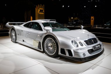 Mercedes-AMG CLK-GTR sports car showcased at the Autosalon 2020 Motor Show. Brussels, Belgium - January 9, 2020. clipart
