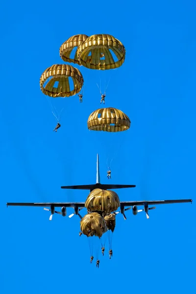 Spadochroniarze Spadochroniarze Wojskowi Skaczą Spadochronów Samolotów Sił Powietrznych Dzień Błękitnego — Zdjęcie stockowe