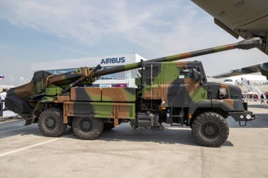 French army CAESAR self-propelled howitzer truck at the Paris Air Show. France - June 22, 2017 clipart