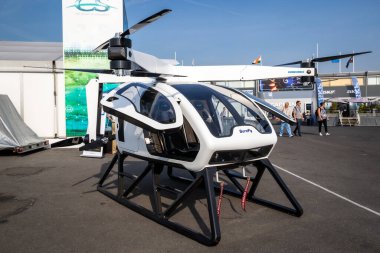 Workhorse SureFly two-seat hybrid eVTOL aircraft on display at the Paris Air Show. France - June 22, 2017 clipart