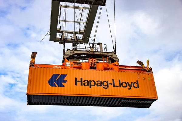 Grutier Ramasse Conteneur Maritime Hapag Lloyd Dans Port Rotterdam Septembre — Photo