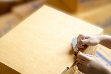 Kadının eli, evrak kutusunun yasadışı olarak açılmasını önlemek için kahverengi karton kutuyu kilitlemek için beyaz plastik mühür kullanıyor..