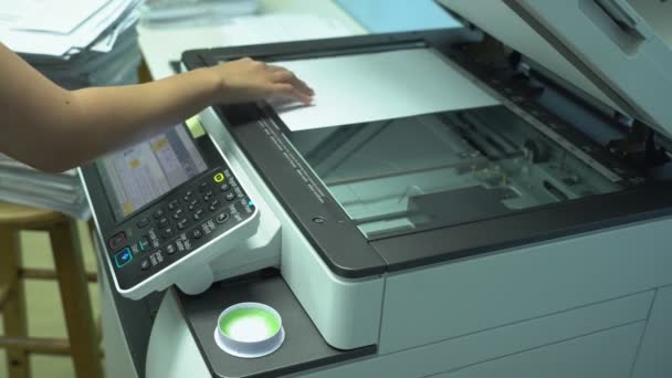 Hand Woman Pressing Start Button Using Photocopier Copy Document — Stock Video