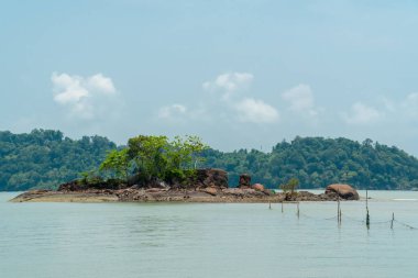 Denizin ortasında ağaçlar ve kayalar olan küçük tropikal bir ada ve bulutlu mavi bir arka plan. Endau, Malezya 'daki manzara sahili