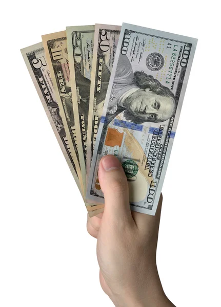 Dollarscheine in der Hand halten. isoliert auf weißem Hintergrund — Stockfoto