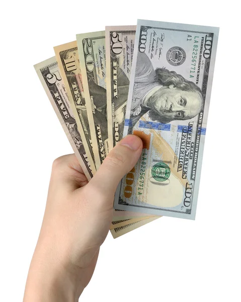 Χέρι εκμετάλλευση των λογαριασμών του δολαρίου. Απομονωμένα σε λευκό φόντο. Κλιπ — Φωτογραφία Αρχείου