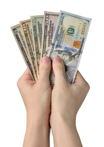 Manos sosteniendo billetes de dólar. Aislado sobre fondo blanco. Cli. — Foto de Stock
