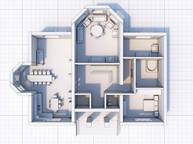 Kat planı 3d render mobilya planı ile