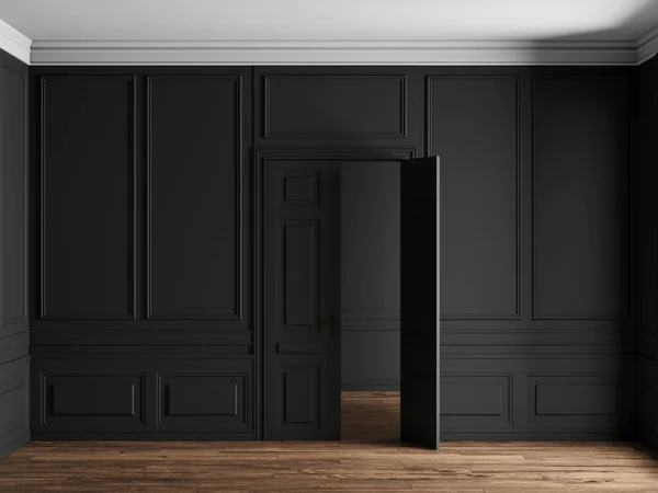 3d Illustration Klassisches dunkles Interieur mit Türen und Holzboden — Stockfoto