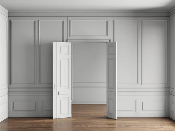 3D ilustrace Klasický bílý interiér s dveřmi a dřevěnou podlahou Royalty Free Stock Obrázky