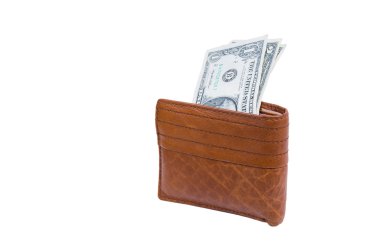 Beyaz arka plan üzerinde para ile kahverengi cüzdan