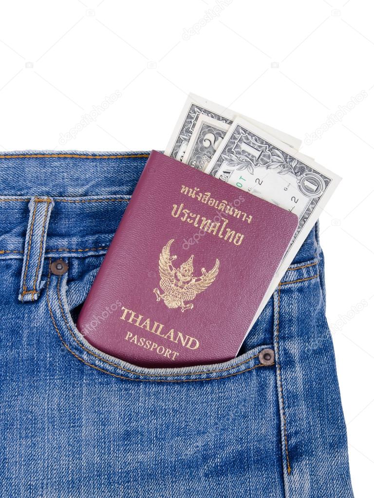 Thailand passport and dollar bills in the front jeans pocket