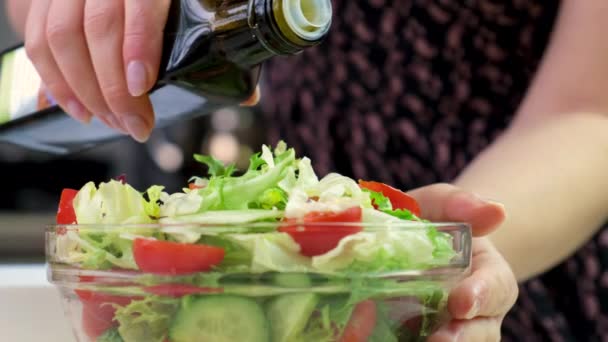 Woman Season Salad Olive Oil Selective Focus — Stock Video