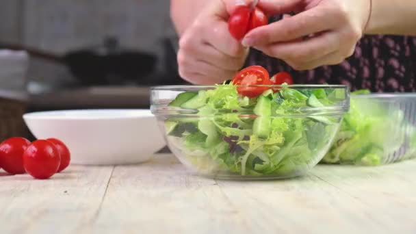 Woman making vegetable salad. selective focus. — Stock Video