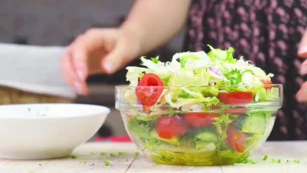 Woman making vegetable salad. selective focus. — Stock Video