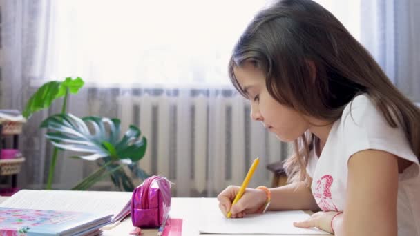 Een meisje dat huiswerk maakt. selectieve focus. — Stockvideo