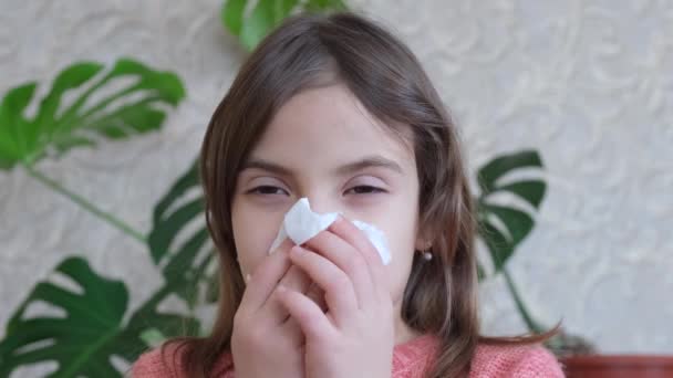 어린 여자 애가 콧물을 코에 흘리고 있어. 선택적 초점. — 비디오