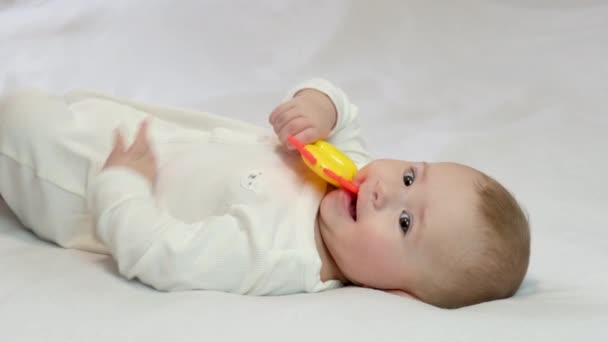 Bebé Está Tocando Sonajero Enfoque Selectivo — Vídeos de Stock