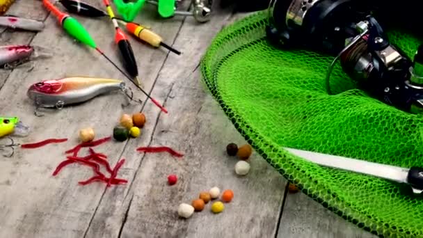 Accessories for fishing. selective focus. — Stock Video