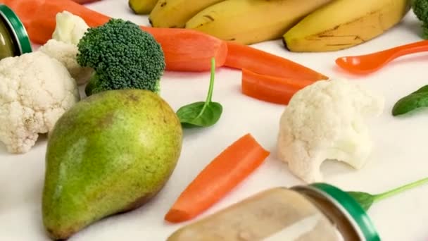 Πουρέ Μωρού Λαχανικά Και Φρούτα Επιλεκτική Εστίαση — Αρχείο Βίντεο