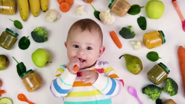 Babypüree mit Gemüse und Obst. Selektiver Fokus. — Stockvideo