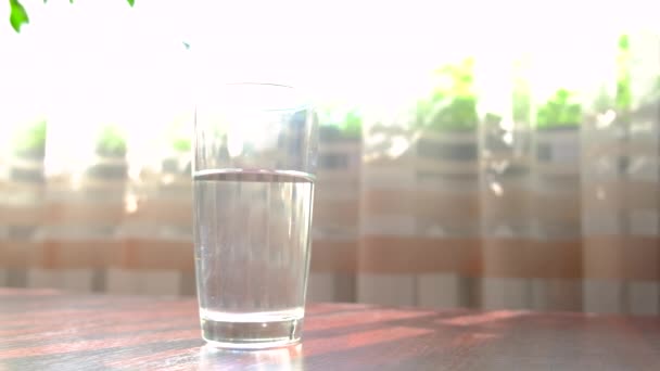 Το παιδί πίνει ένα ποτήρι νερό. Επιλεκτική εστίαση. — Αρχείο Βίντεο