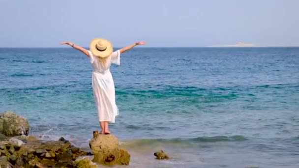 The girl looks at the sea. Selective focus. — Stock Video