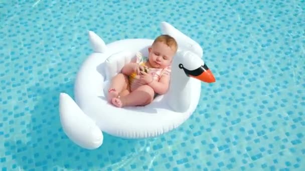 Baby zwemt in een cirkel in het zwembad. Selectieve focus. — Stockvideo