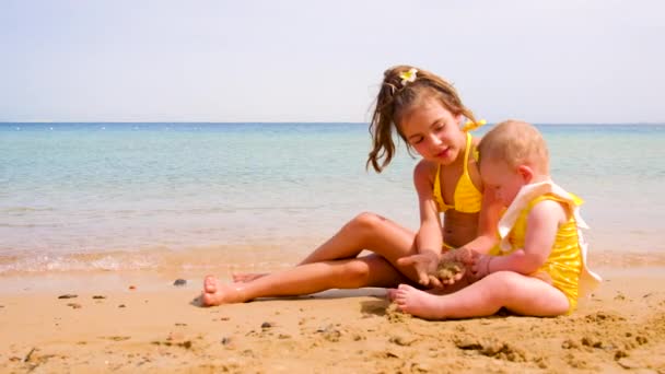 Children play with sand on the beach. Selective focus. — Stock Video