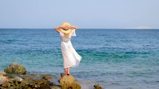 La fille regarde la mer. Concentration sélective. — Video