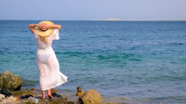 The girl looks at the sea. Selective focus. — Stock Video