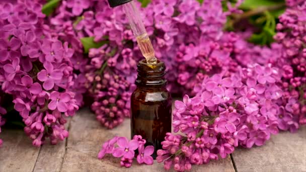 Aceite esencial de lila y extracto en una botella pequeña. Enfoque selectivo. — Vídeo de stock