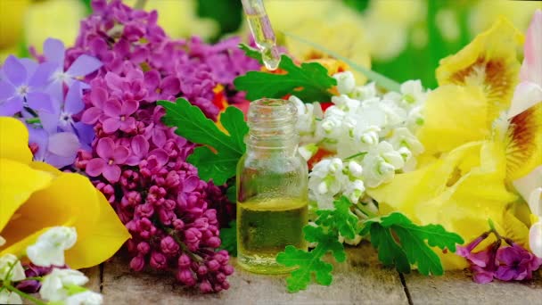 Aceite esencial y extracto de flor en una botella pequeña. Enfoque selectivo. — Vídeos de Stock