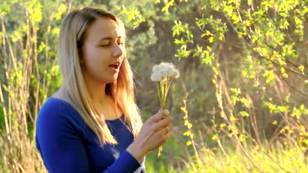 Κορίτσι φυσάει ένα λουλούδι πικραλίδα. Επιλεκτική εστίαση. — Αρχείο Βίντεο