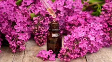 Leylak yağı ve özü küçük bir şişede. Seçici odak.