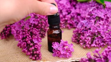 Leylak yağı ve özü küçük bir şişede. Seçici odak.