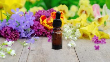 Gerekli yağ ve çiçek özü küçük bir şişede. Seçici odak.