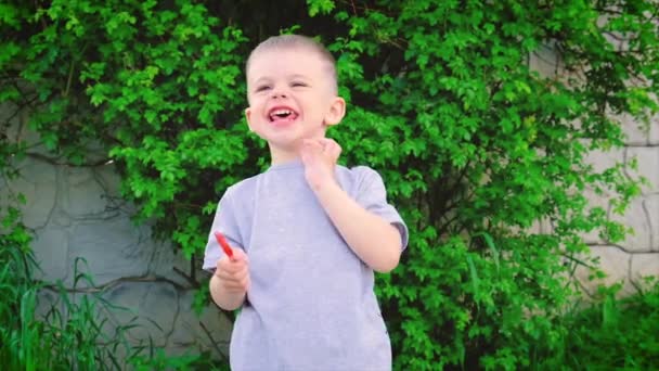 Il bambino sta mangiando un lecca-lecca. Focus selettivo. — Video Stock