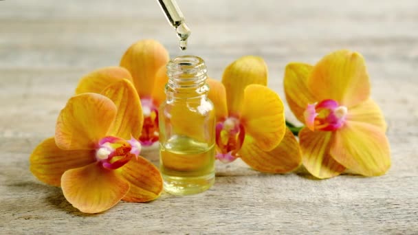 Óleo essencial de orquídea em uma pequena garrafa. Foco seletivo. — Vídeo de Stock