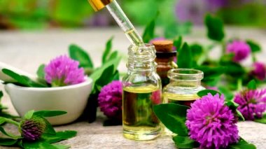 Yonca özü küçük bir şişede. Seçici odak.