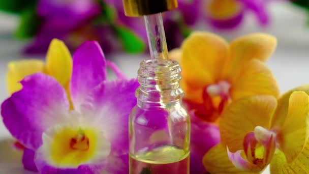 Óleo essencial de orquídea em uma pequena garrafa. Foco seletivo. — Vídeo de Stock