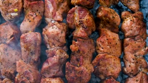 Carne di Shashlik per friggere su spiedi. Focus selettivo. — Video Stock