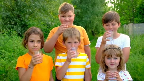 Los niños juntos beben agua de un vaso. Enfoque selectivo. — Vídeo de stock