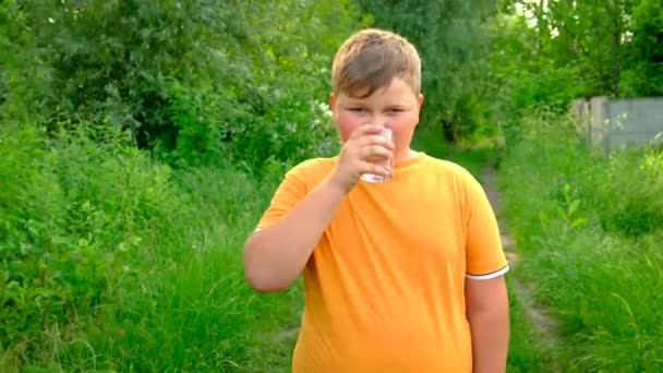 The child drinks water from a glass. Selective focus. — Stock Video