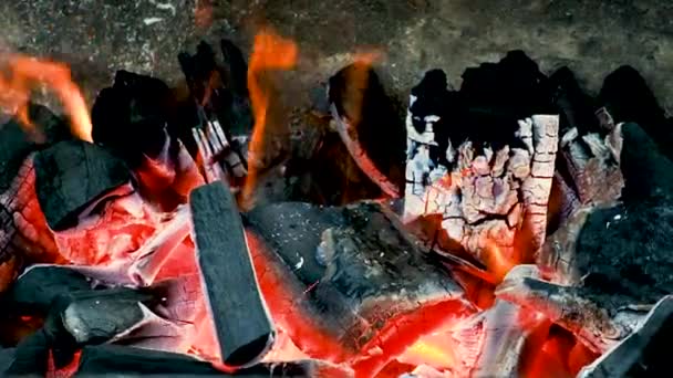 Auf dem Scheiterhaufen im Grill brennen Kohlen. Selektiver Fokus. — Stockvideo