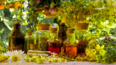 Şişe bitkisel tentür, homeopati. Seçici odak.