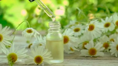 Papatya çayı özü ve tentürü küçük bir şişede. Seçici odak.