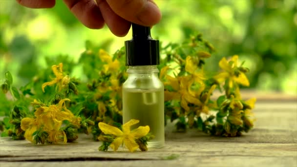 Ekstrak dan kepingan St. Johns wort dalam botol kecil. Fokus selektif. — Stok Video