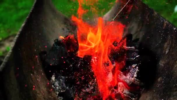 煤在烤架上的火刑柱上燃烧着.有选择的重点. — 图库视频影像